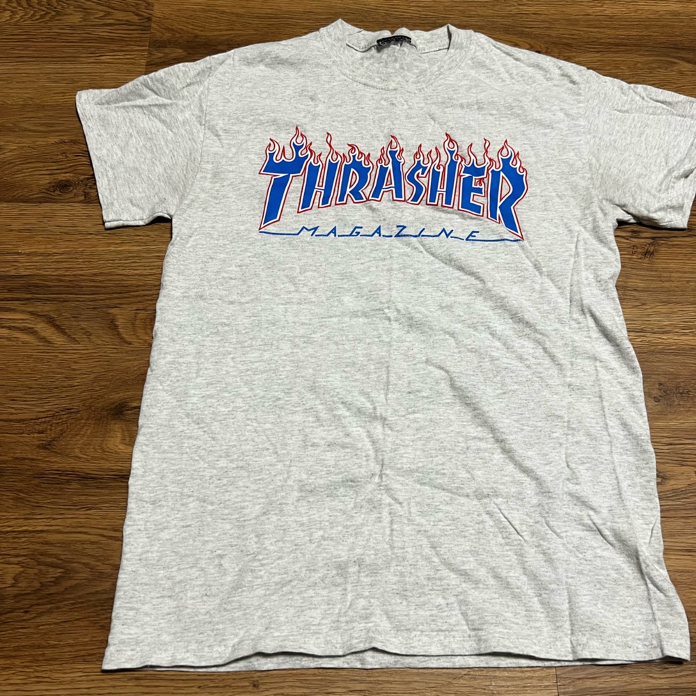 Thrasher Gray Tee with Blue and Red Flame Logo